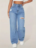 Damen weite Jeans mit modischen Rissdetails und hohem Bund R&B