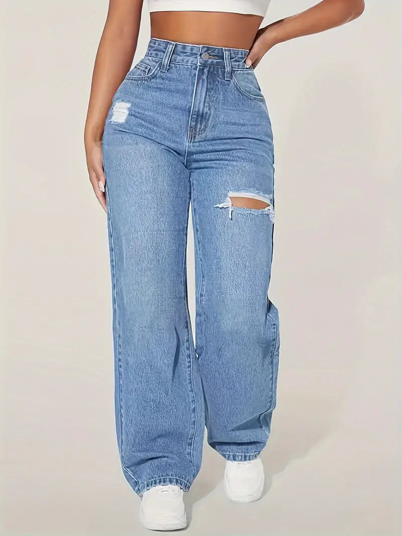 Damen weite Jeans mit modischen Rissdetails und hohem Bund R&B