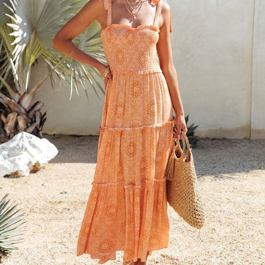 Damen Boho Maxikleid mit schulterfreien Trägern und voluminösem Rock R&B