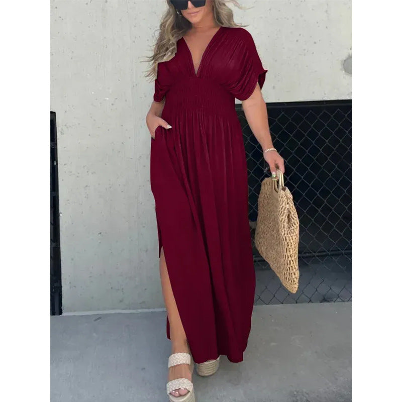 Damen Maxikleid mit tiefem V-Ausschnitt und praktischen Seitentaschen R&B