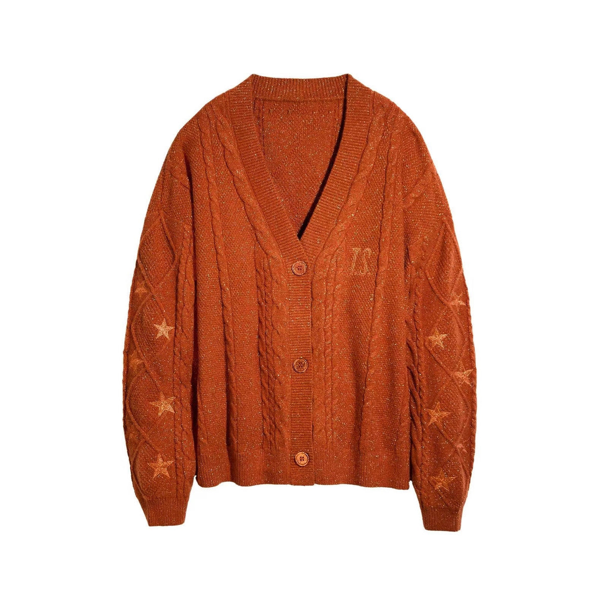 Damen nan großzügiger Grobstrick-Cardigan mit Zopfmuster, V-Ausschnitt und Sternstickereien R&B
