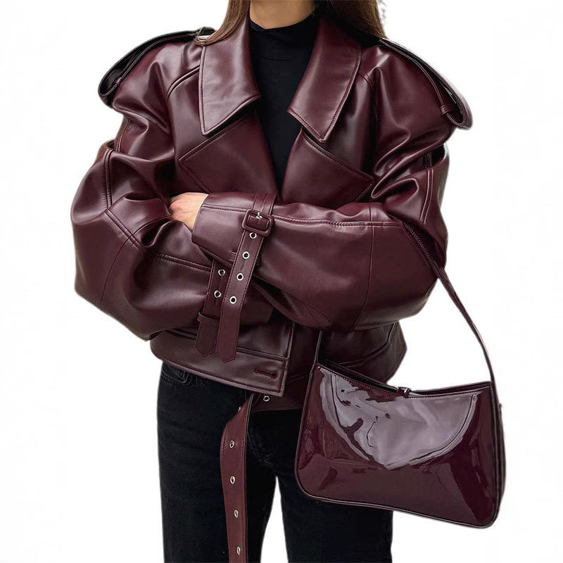 Damen Oversize Kunstlederjacke mit markantem Kragen und strukturiertem Design R&B
