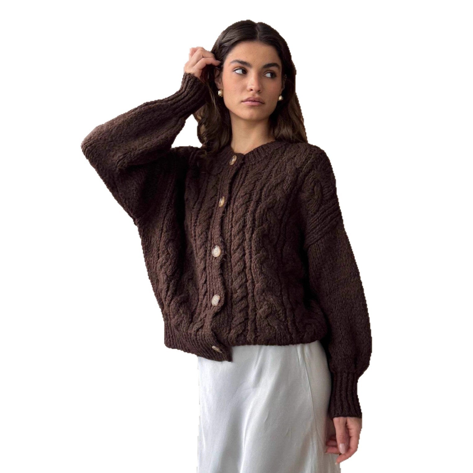 Damen Grobstrickjacke mit eleganter Knopfdetails und voluminösen Ärmeln R&B
