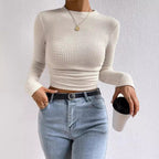 Damen modisches langärmliges Crop-Top mit Waffelstruktur R&B