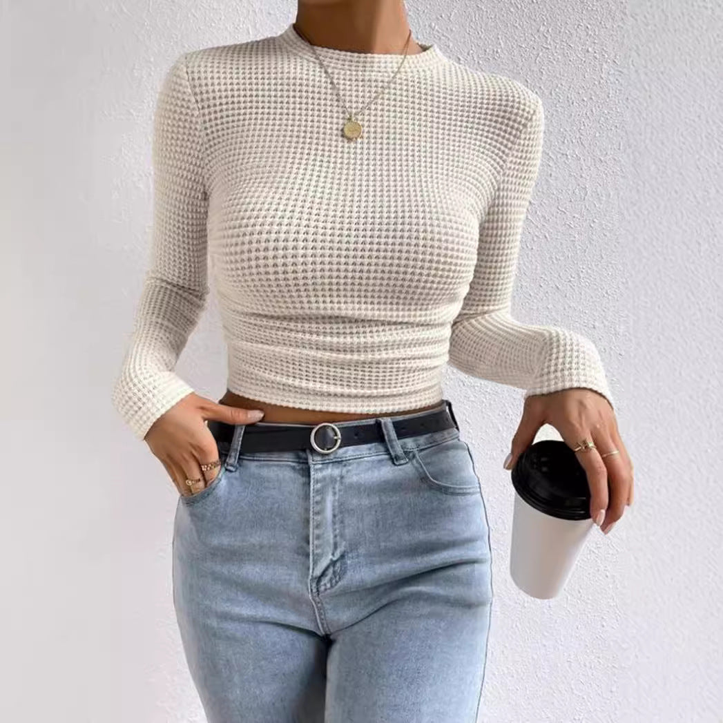 Damen modisches langärmliges Crop-Top mit Waffelstruktur R&B