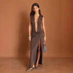 Damen Maxikleid mit tiefem V-Ausschnitt und seitlichem Schlitz R&B