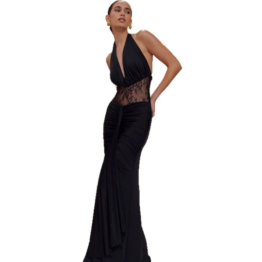 Damen Elegantes Maxikleid mit raffiniertem Spitzenbesatz und Drapierungen R&B