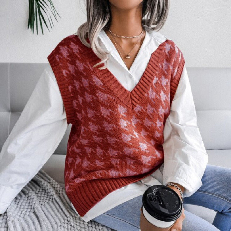 Damen Strickweste im modernen Hahnentritt-Muster R&B