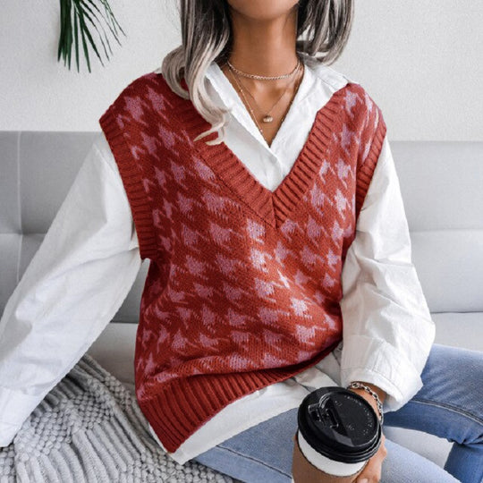 Damen Strickweste im modernen Hahnentritt-Muster R&B
