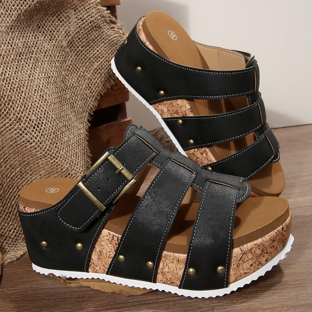 Damen modische Keil-Sandalen mit verstellbaren Riemen und korkähnlicher Sohle R&B