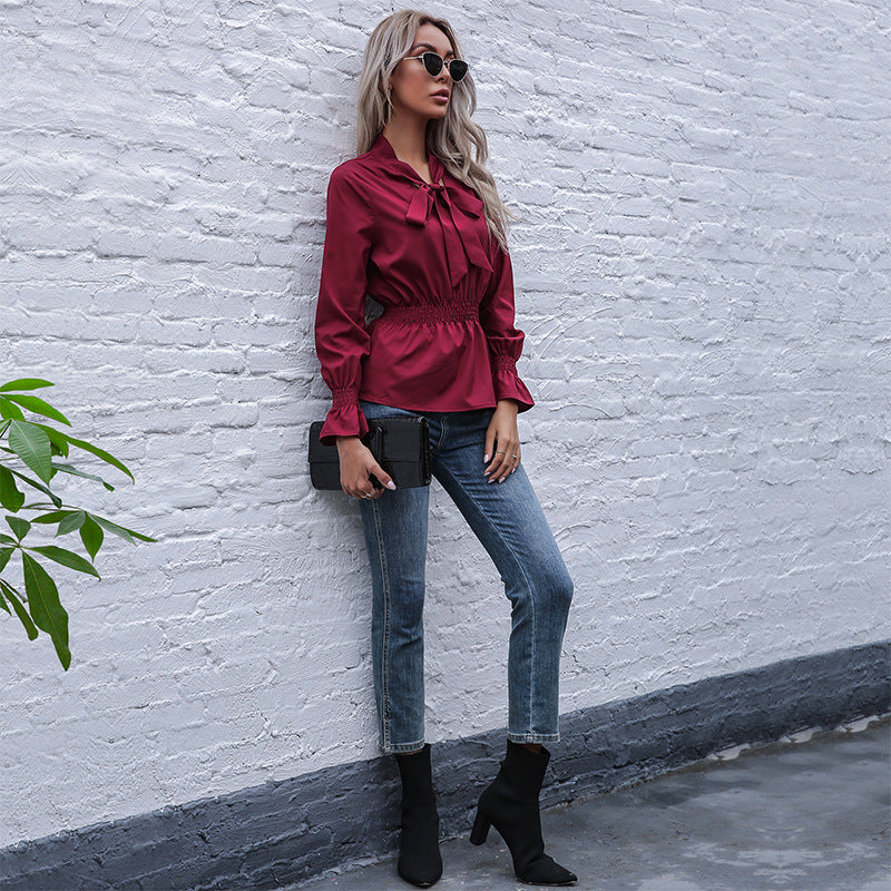 Damen elegante Bluse mit Schleifen-Ausschnitt und elastischem Bund R&B