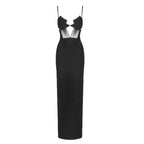 Damen elegantes Cut-Out Maxikleid mit tiefem V-Ausschnitt und transparenten Akzenten R&B