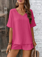 Damen Bequeme V-Ausschnitt Bluse mit Shorts R&B