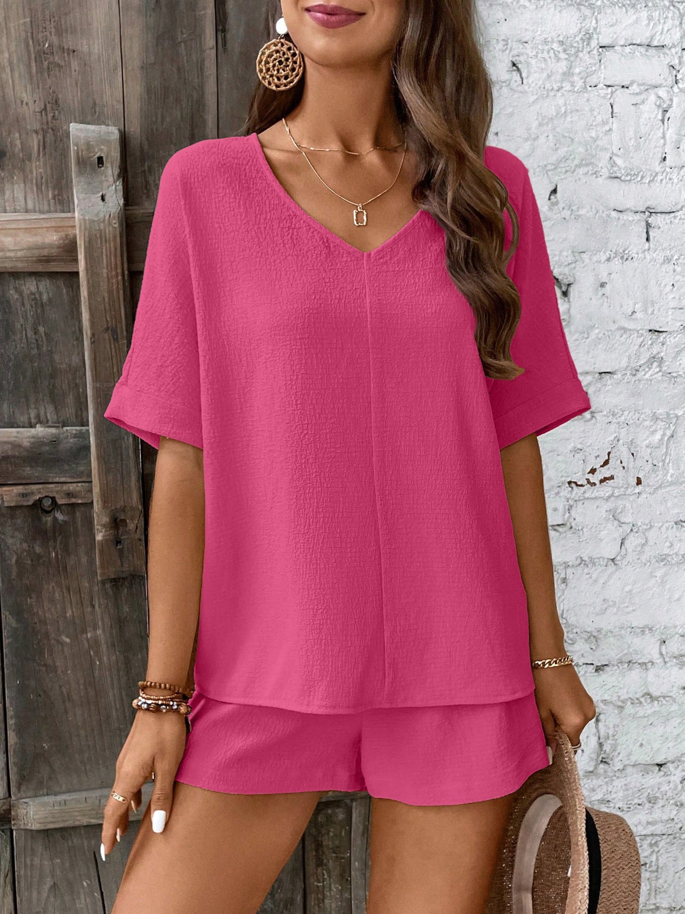 Damen Bequeme V-Ausschnitt Bluse mit Shorts R&B