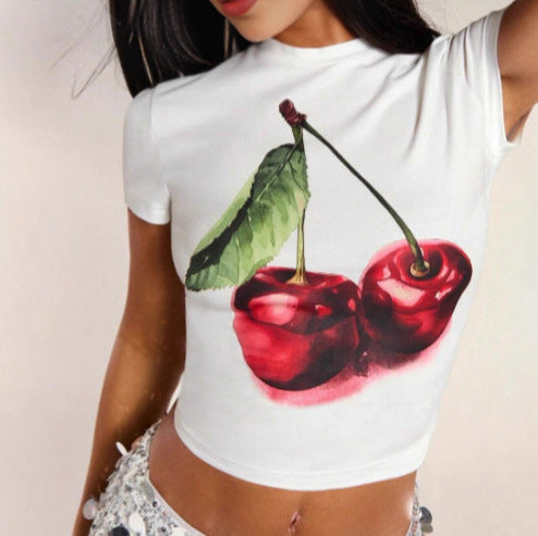 Damen Crop-T-Shirt mit fruchtigem Kirschmotiv und figurbetontem Schnitt R&B