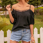 Damen Off-Shoulder Bluse mit Spitze und Volantärmel