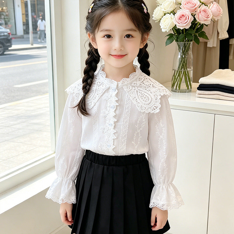 Mädchen elegante Bluse mit Rüschenkragen und Spitzenakzenten R&B