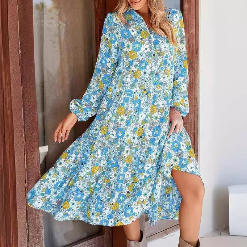 Damen lässiges Midikleid mit floralem Muster und asymmetrischen Saum R&B