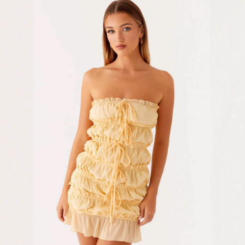 Damen Kurzkleid mit raffinierten Rüschen und verstellbarem Kordelzug R&B