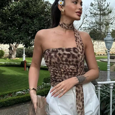 Damen elegant gestreifter Maxirock mit hohem Bund im Leoprint R&B