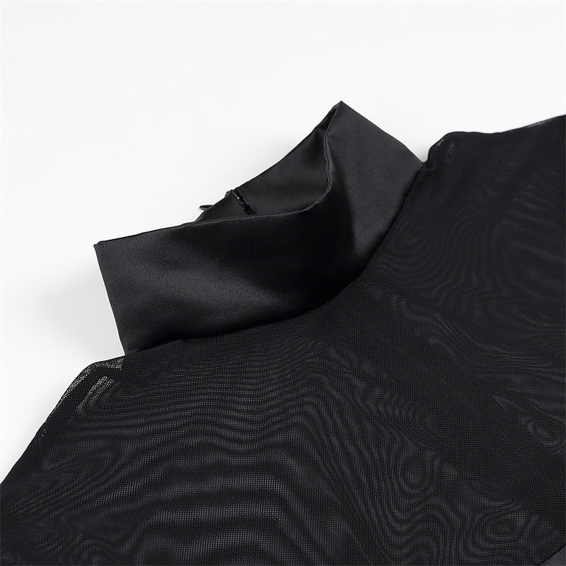 Damen elegantes Minikleid mit transparenten Ärmeln und hohem Kragen R&B