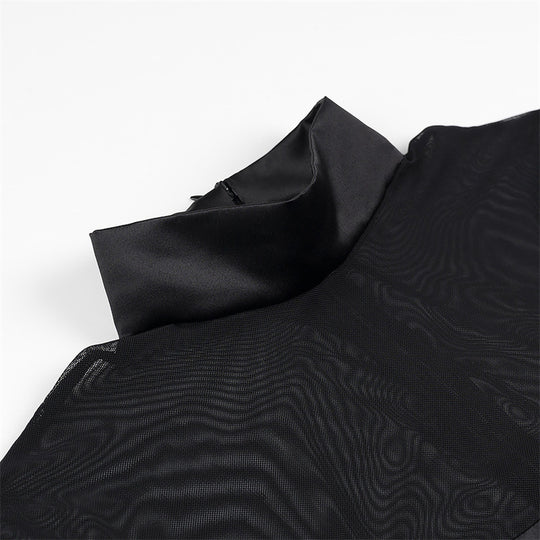 Damen elegantes Minikleid mit transparenten Ärmeln und hohem Kragen R&B