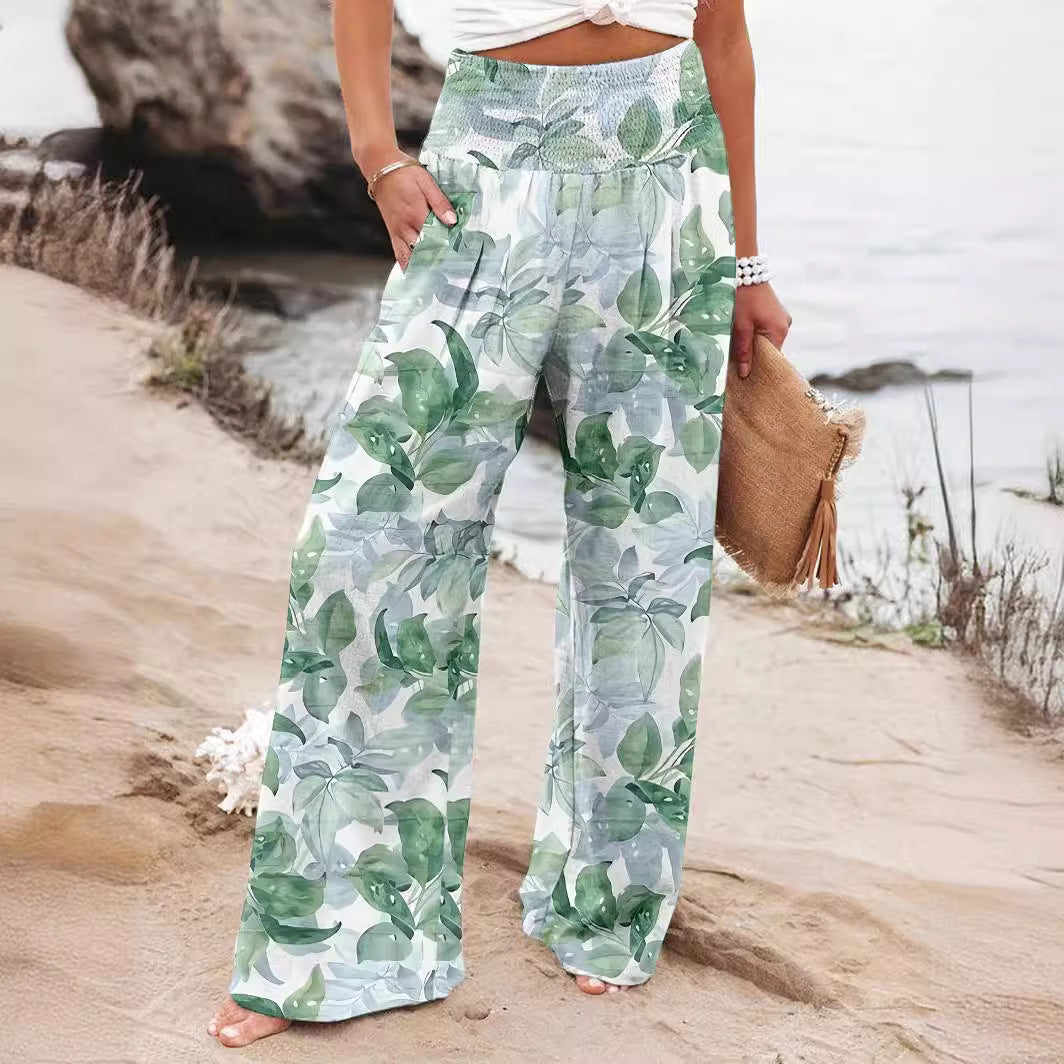 Damen Weit geschnittene Strandhose mit floralem Motiven und elastischem Bund R&B