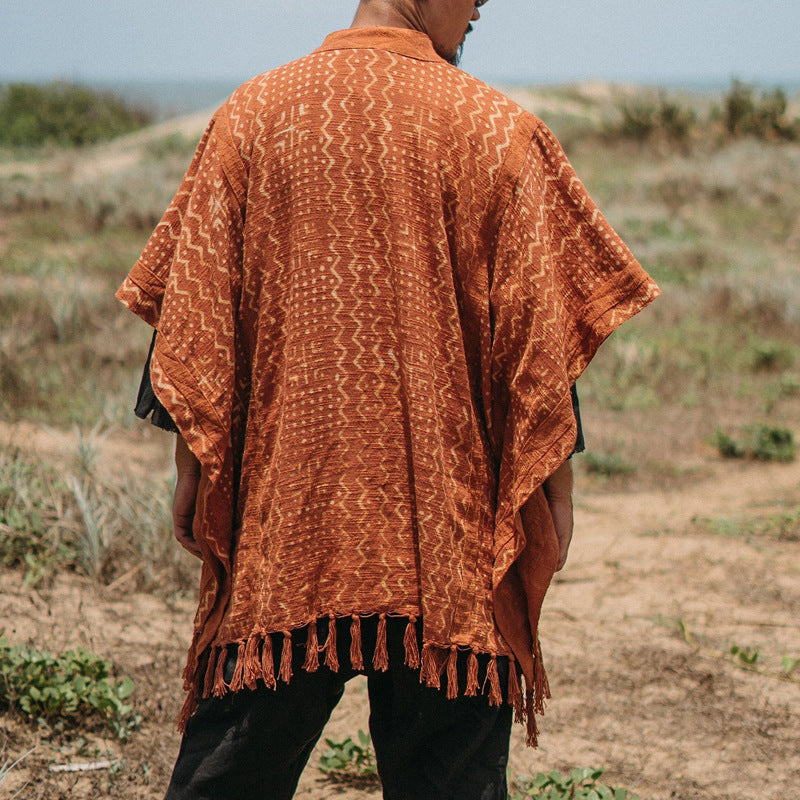 Herren lässiger Poncho mit einzigartigem Mustermix und Fransen