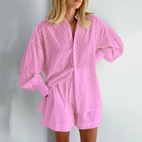 Damen lässiges Hemd-Shorts-Set mit elegantem Webmuster R&B