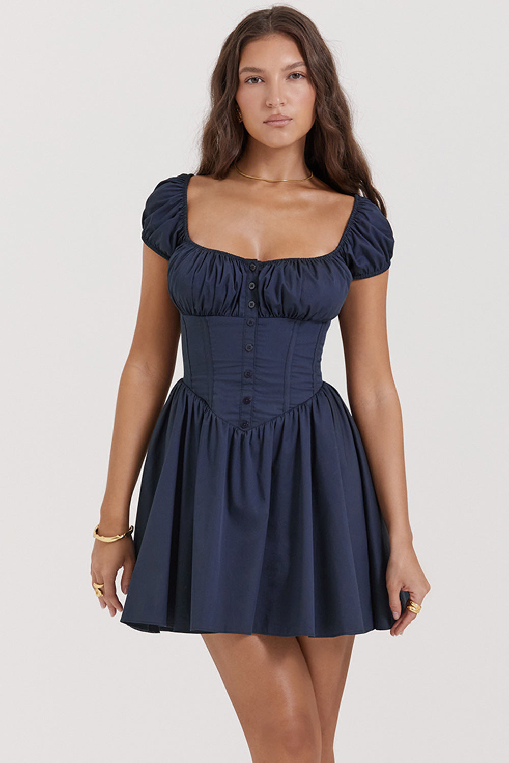 Damen kurzes LiR&Beserkundendes Kleid mit Puffärmeln und Knopfleiste R&B