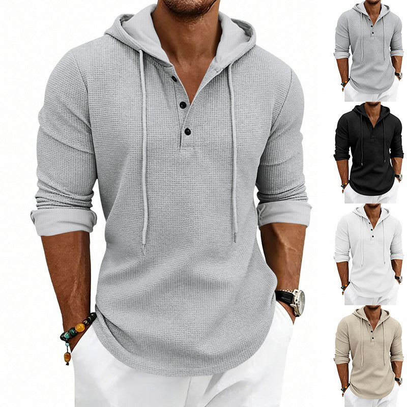 Herren nan lässiges Waffelstrick-Henley Kapuzenpullover mit Knopfleiste R&B