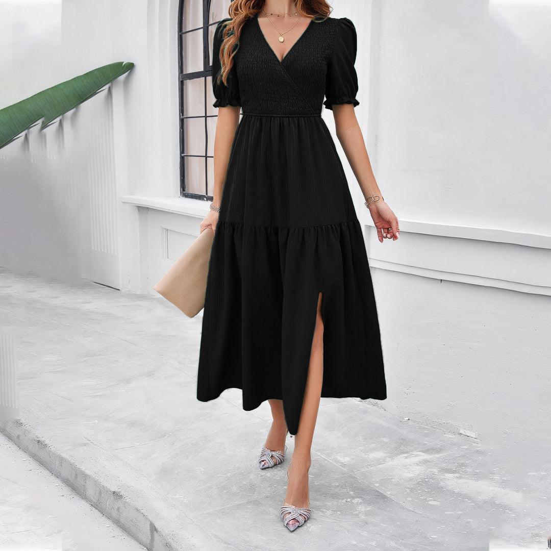 Damen Maxikleid mit hohem Schlitz und Puffärmeln R&B