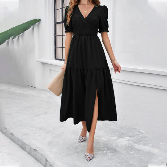 Damen Maxikleid mit hohem Schlitz und Puffärmeln R&B