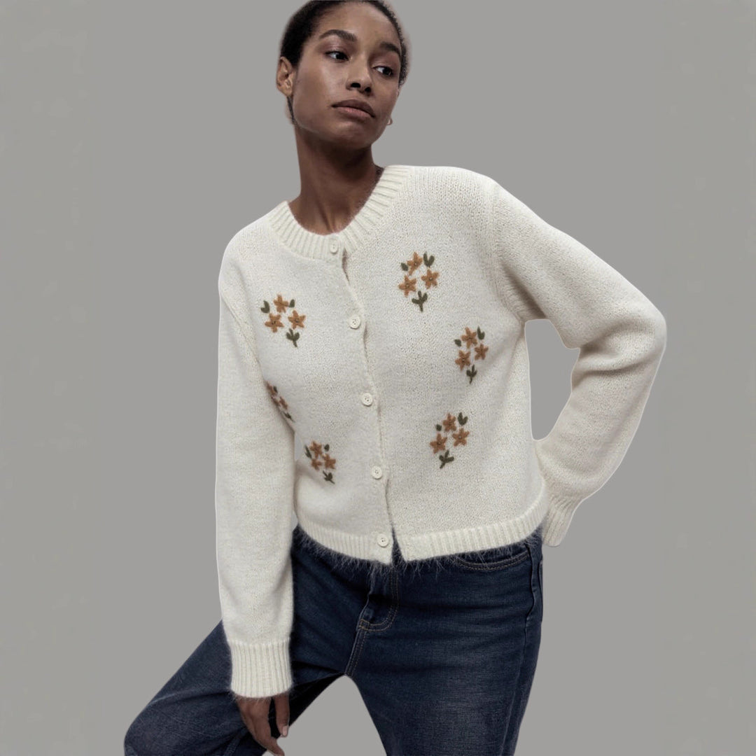 Damen gestrickter Cardigan mit floralen Stickereien R&B