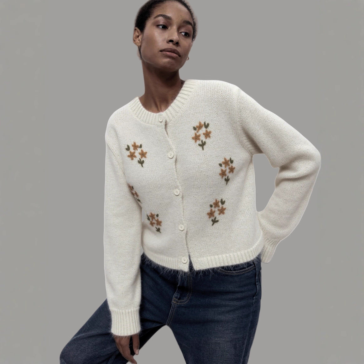 Damen gestrickter Cardigan mit floralen Stickereien R&B