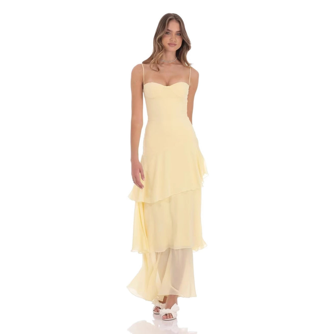 Damen nan romantisches Stufen-Maxikleid mit Herzausschnitt und feinen Spaghettiträgern R&B