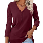 Damen Langarm T-Shirt mit Knopfleiste und V-Ausschnitt R&B