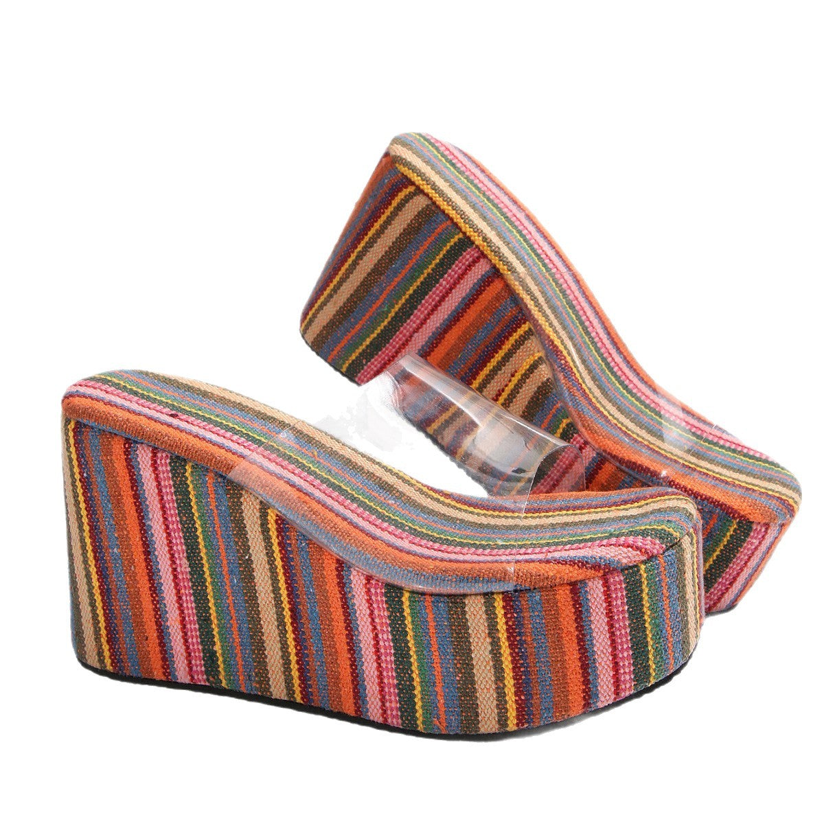 Damen Wedge-Pantoletten mit durchsichtigen Riemen und farbenfrohem Streifenmuster