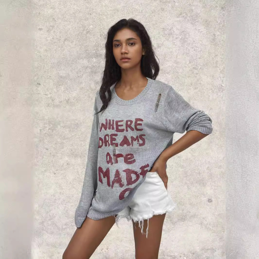Damen lässiger Oversized Pullover mit auffälligem Schriftzug und Strick-Details