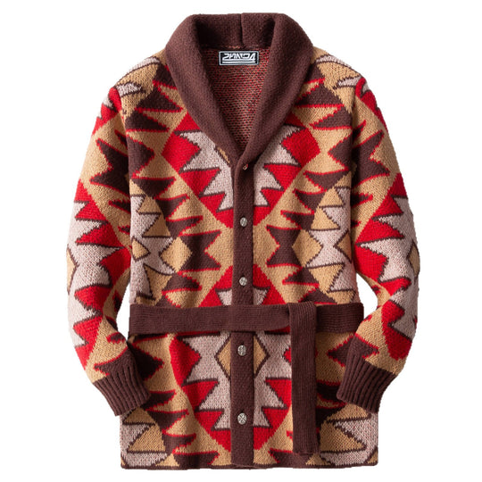 Damen Strickjacke mit geometrischem Muster und breitem Kragen R&B
