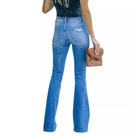 Damen Flared Jeans im Vintage-Stil mit modischen Destroyed-Effekten R&B