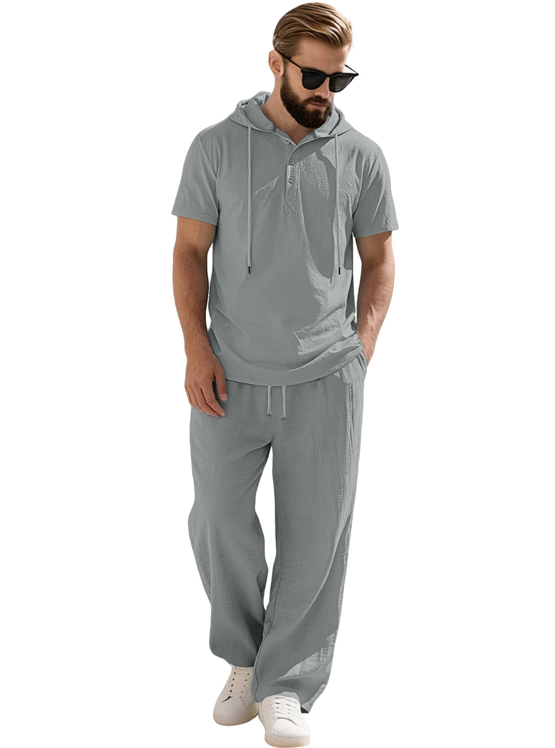 Herren nan lässiges Kurzarm-Kapuzenshirt im gekreppten Baumwollmix mit Henley-Knopfleiste R&B