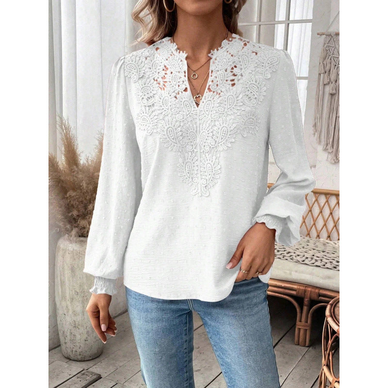 Damen Bluse mit gesticktem V-Ausschnitt und langen Ärmeln R&B