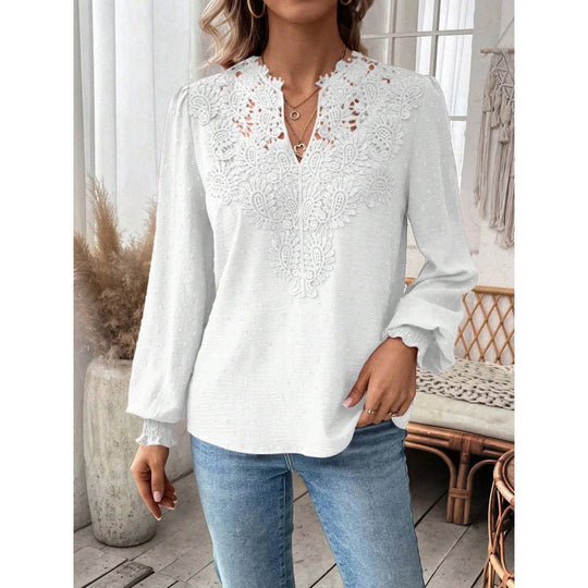 Damen Bluse mit gesticktem V-Ausschnitt und langen Ärmeln R&B