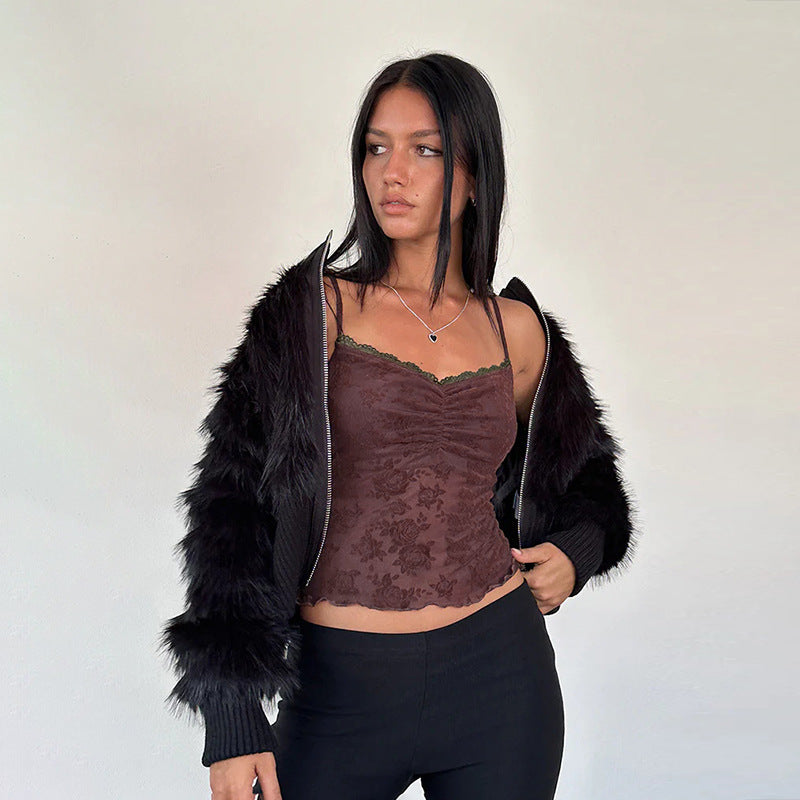 Damen Spitzen-Crop-Top mit floralem Design R&B