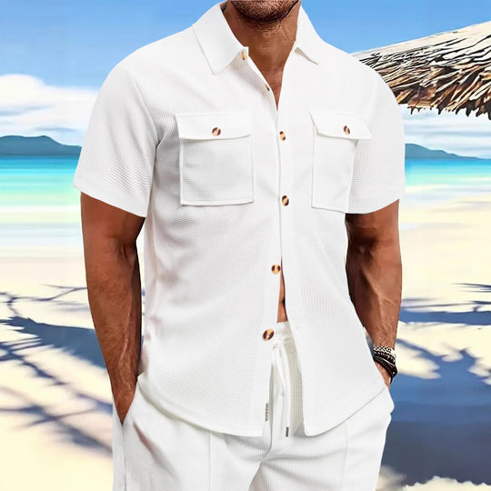 Herren nan strukturiertes Waffel-Lounge-Set mit Hemdjacke, Brustklappen und Kordelhose R&B