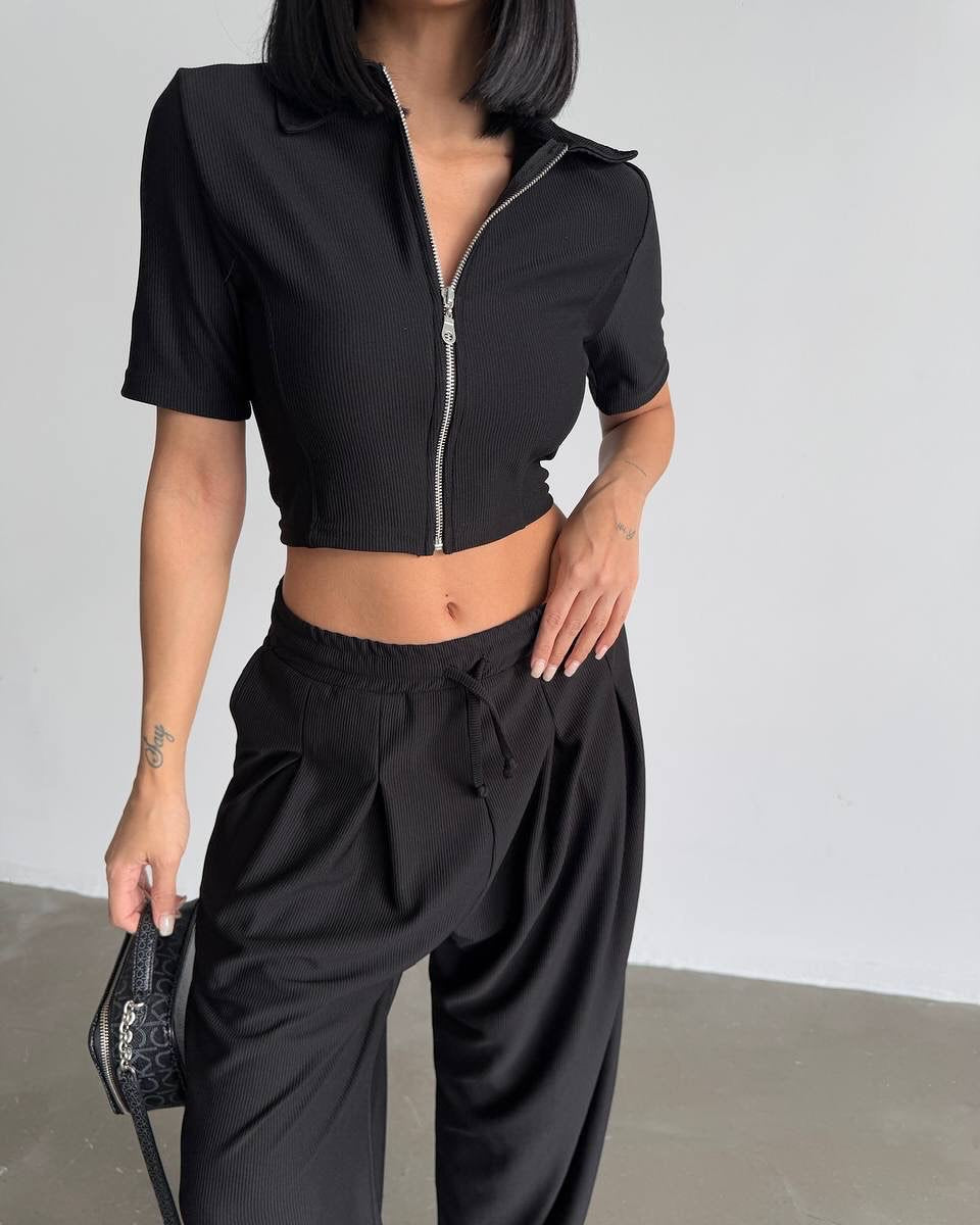 Damen sportliches Set mit kurzem Kragen und Reißverschluss R&B