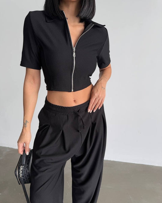 Damen sportliches Set mit kurzem Kragen und Reißverschluss R&B