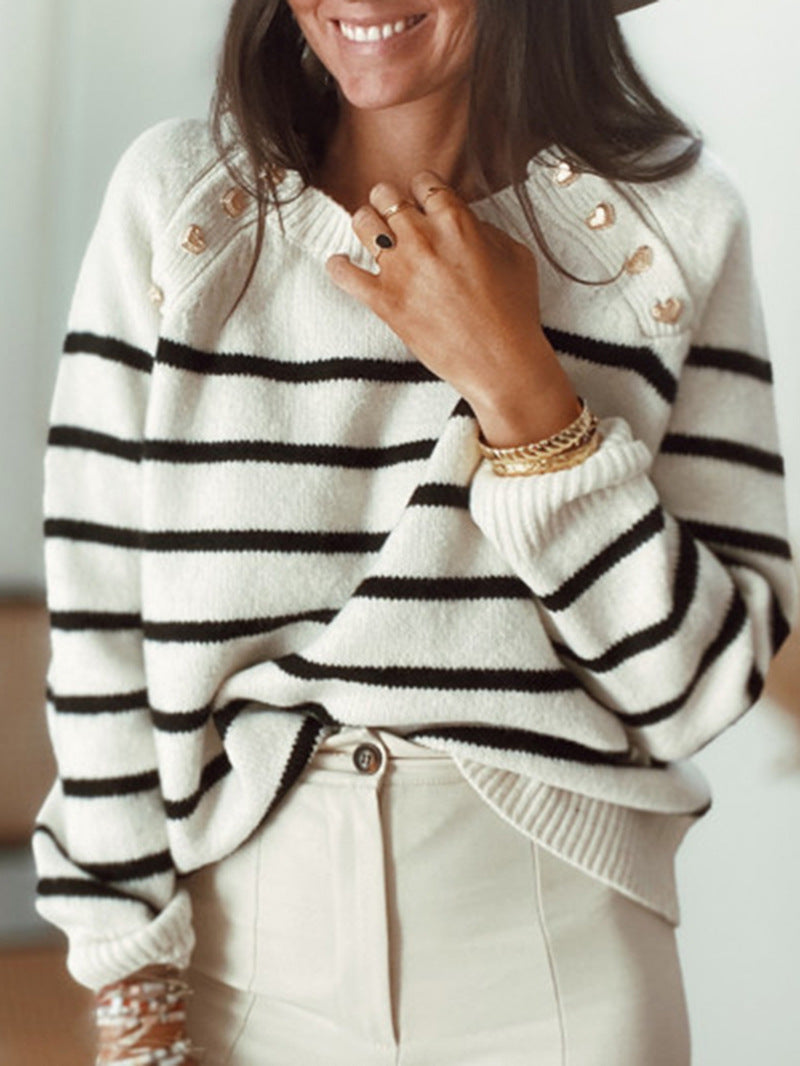 Damen Strickpullover mit zeitlosem Streifenmuster und dekorativen Knopfdetails R&B