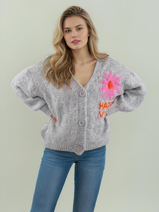 Damen gemütlicher Strickcardigan mit floralem Design und modernen Knopfdetails R&B
